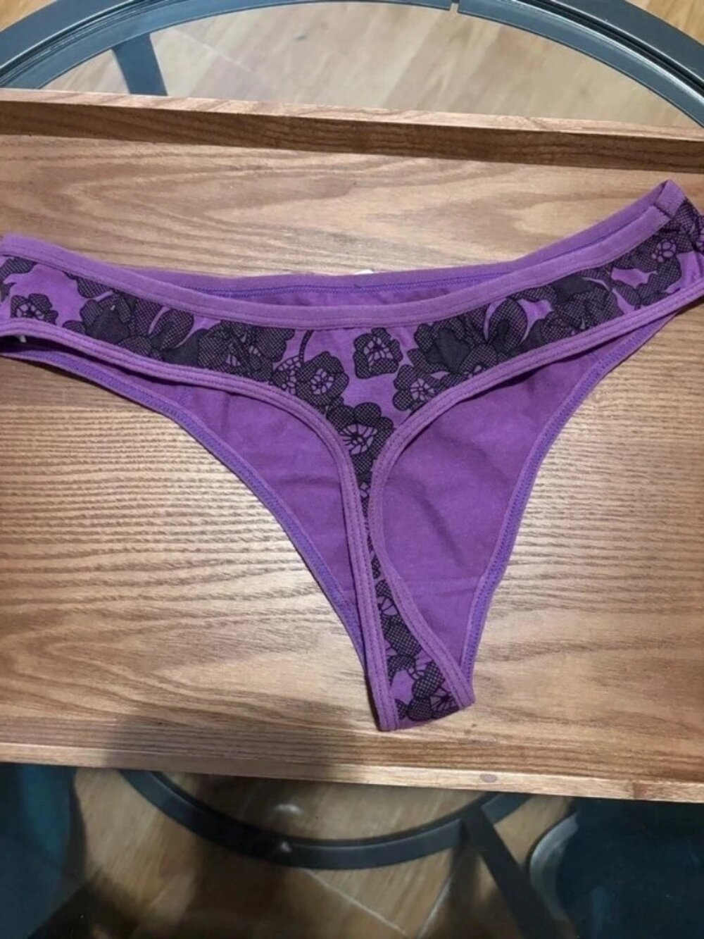 Vintage Intimate Basics Floral Lace Print Thong Purple Cotton Size L NWT Deadsto